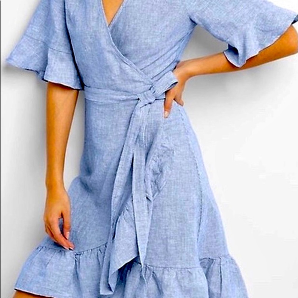 Linen wrap dress with flounce sleeves and hem
